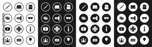 Set Scenario, Movie spotlight, Bang boom text speech bubble balloon, Knife, Comedy and tragedy theatrical masks, , Trophy Golden Globe and Play icon. Vector