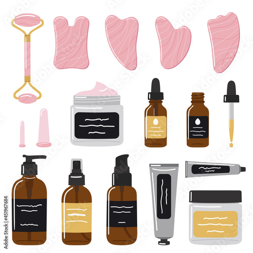 Big set of organic skin care products, face oil, gua sha stones, rollers are made of rose quartz. Home beauty skin care routine. Hand drawn vector illustration.
