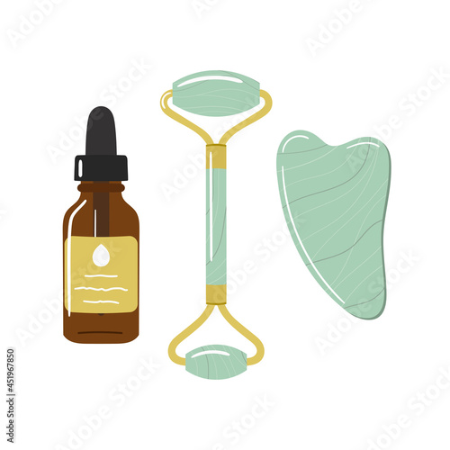 Set of face oil, gua sha stone, roller are made of mint aventurine. Home beauty skin care routine. Chinese skin care concept. Hand drawn vector illustration.