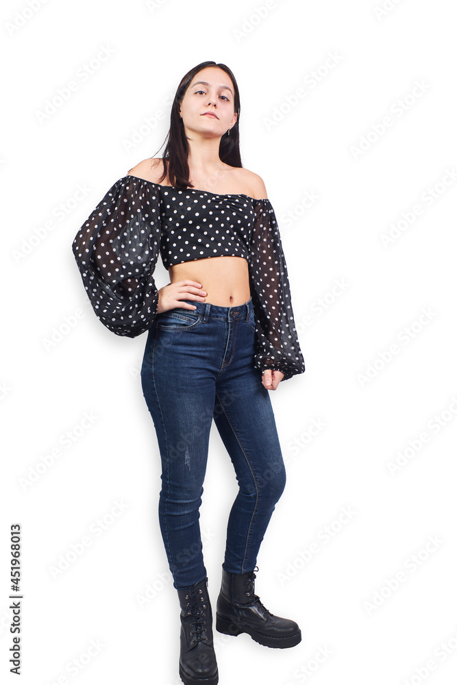 Teenage woman posing looking at camera on white background Teenage woman posing looking at camera on white background