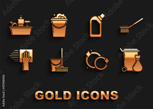 Set Mop and bucket, Toilet brush, Trash can, Washing dishes, Cleaning service, Plastic bottles for liquid dishwashing liquid, and Bucket with foam bubbles icon. Vector