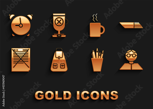 Set School backpack, Eraser or rubber, Student, Pencil case stationery, Exam paper with incorrect answers survey, Coffee cup, Alarm clock and Award icon. Vector