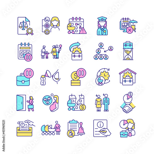 Maternity leave related RGB color icons set. Work absence to take care after newborn. Prenatal and postnatal leave. Isolated vector illustrations. Simple filled line drawings collection