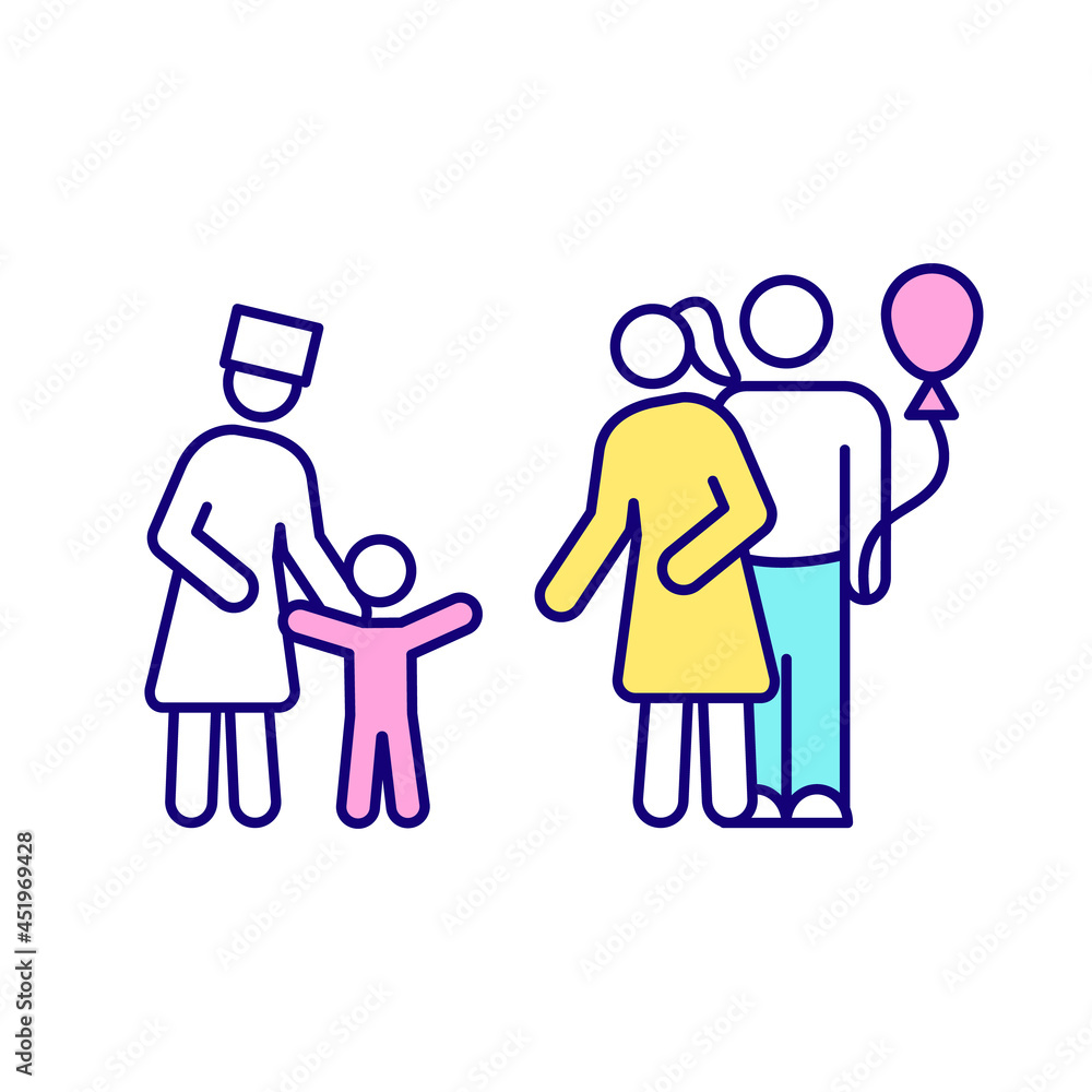 Adoption RGB color icon. Pair get home child from orphanage. Adopt newborn, toddler. Parenthood. Adoption paid leave to take care of child. Isolated vector illustration. Simple filled line drawing Adoption RGB color icon. Pair get home child from orphanage. Adopt newborn, toddler. Parenthood. Adoption paid leave to take care of child. Isolated vector illustration. Simple filled line drawing