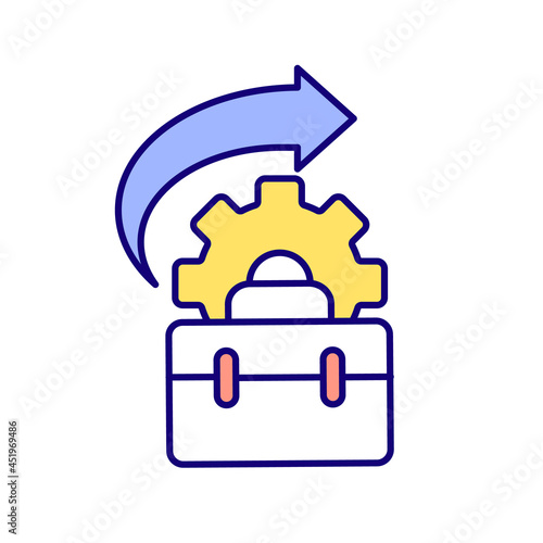 Suitcase and gearwheel RGB color icon. Business suitcase. Get back to same workplace after maternity leave. Work process regulation. Isolated vector illustration. Simple filled line drawing