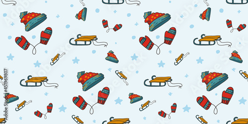 Winter seamless pattern with mittens on a rope, winter hat, sleds. Winter games with snowballs.Hand drawn cute print for posters, cards, t-shirts.