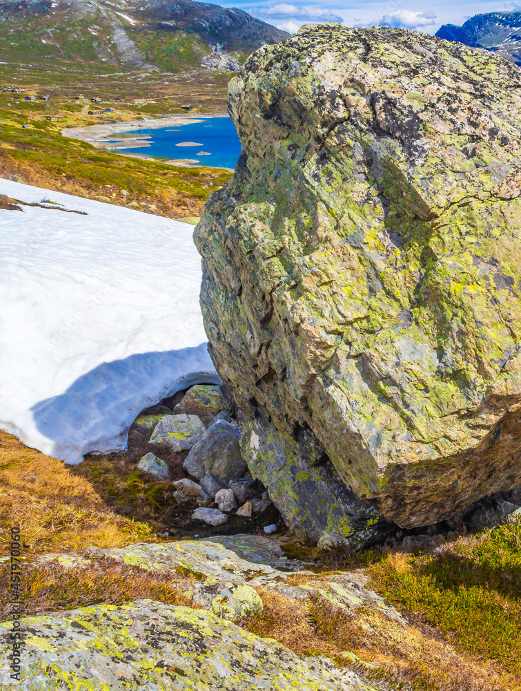 Huge boulder big rock Vavatn lake in Hemsedal Viken Norway.