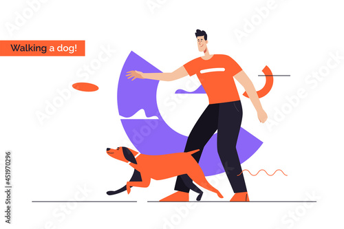 Young smiling man playing frisbee with a dog. Flat style outline vector illustration. Editable stroke