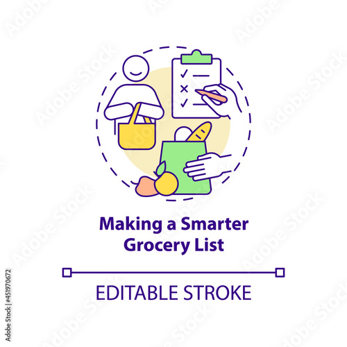 Making smarter grocery list concept icon. Shopping checklist abstract idea thin line illustration. Meal planning on budget. List of ingredients.Vector isolated outline color drawing. Editable stroke