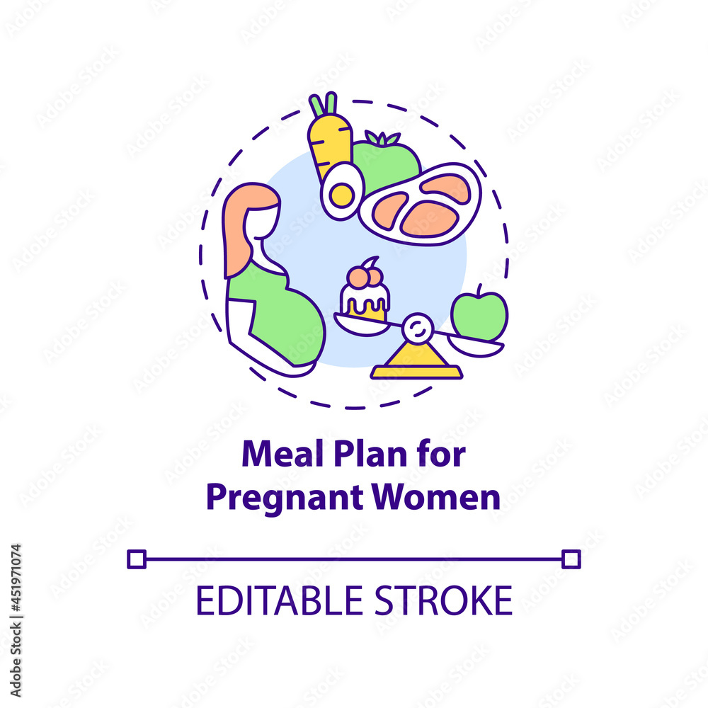 Meal plan for pregnant women concept icon. Balanced menu during pregnancy abstract idea thin line illustration. Foods full of vitamins. Vector isolated outline color drawing. Editable stroke