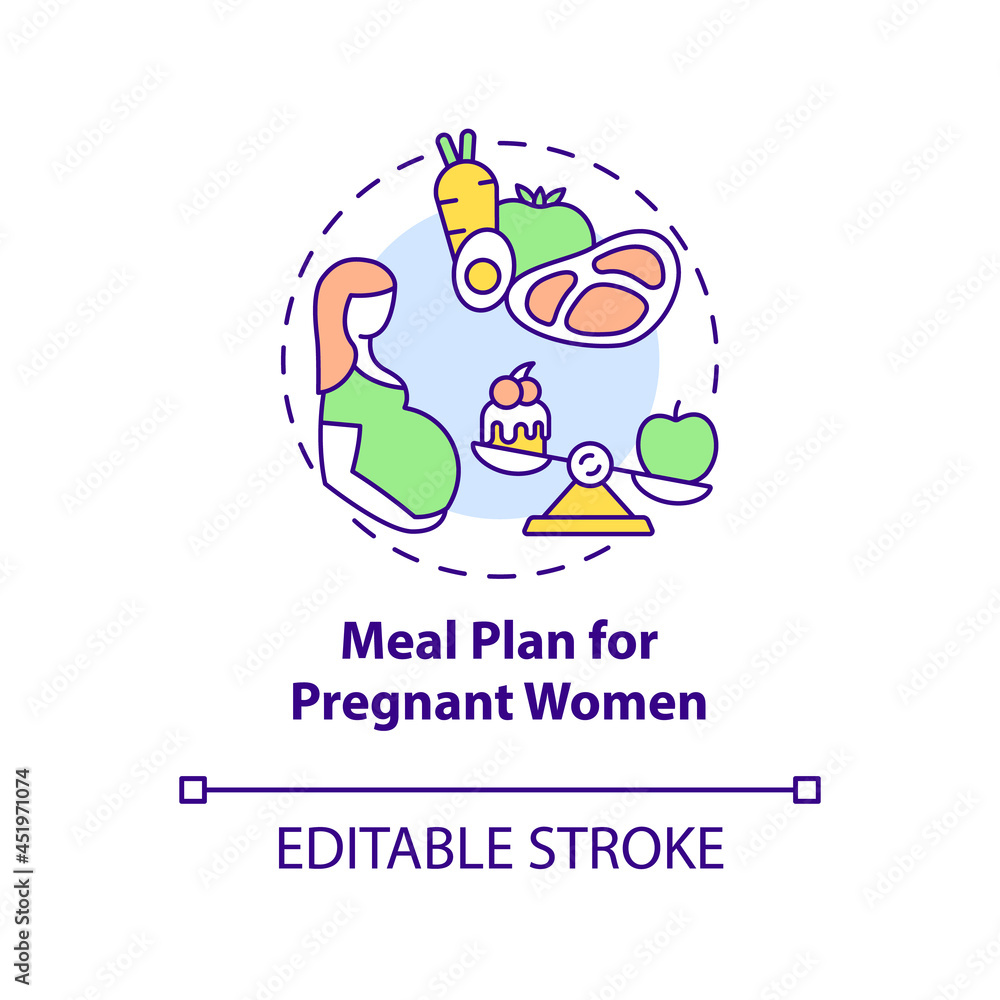 Meal plan for pregnant women concept icon. Balanced menu during pregnancy abstract idea thin line illustration. Foods full of vitamins. Vector isolated outline color drawing. Editable stroke Meal plan for pregnant women concept icon. Balanced menu during pregnancy abstract idea thin line illustration. Foods full of vitamins. Vector isolated outline color drawing. Editable stroke