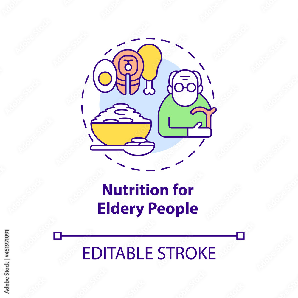 Nutrition for elderly people concept icon. Balanced diet abstract idea thin line illustration. Meal plan rich in nutrients for young adult. Vector isolated outline color drawing. Editable stroke