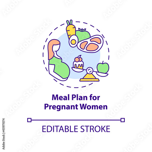 Meal plan for pregnant women concept icon. Balanced menu during pregnancy abstract idea thin line illustration. Foods full of vitamins. Vector isolated outline color drawing. Editable stroke