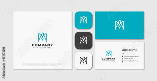 Monoline eagle letter m logo and business card