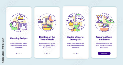 Meal planning basics onboarding mobile app page screen. Prepare meals walkthrough 4 steps graphic instructions with concepts. UI, UX, GUI vector template with linear color illustrations