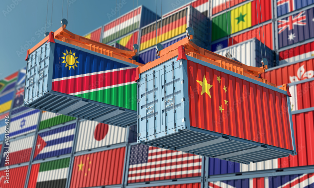 Freight containers with China and Namibia national flags. 3D Rendering 