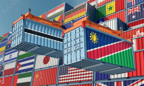 Freight containers with Botswana and Namibia national flags. 3D Rendering 