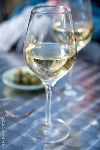Drinking of dry white wine on open terrace in spring garden