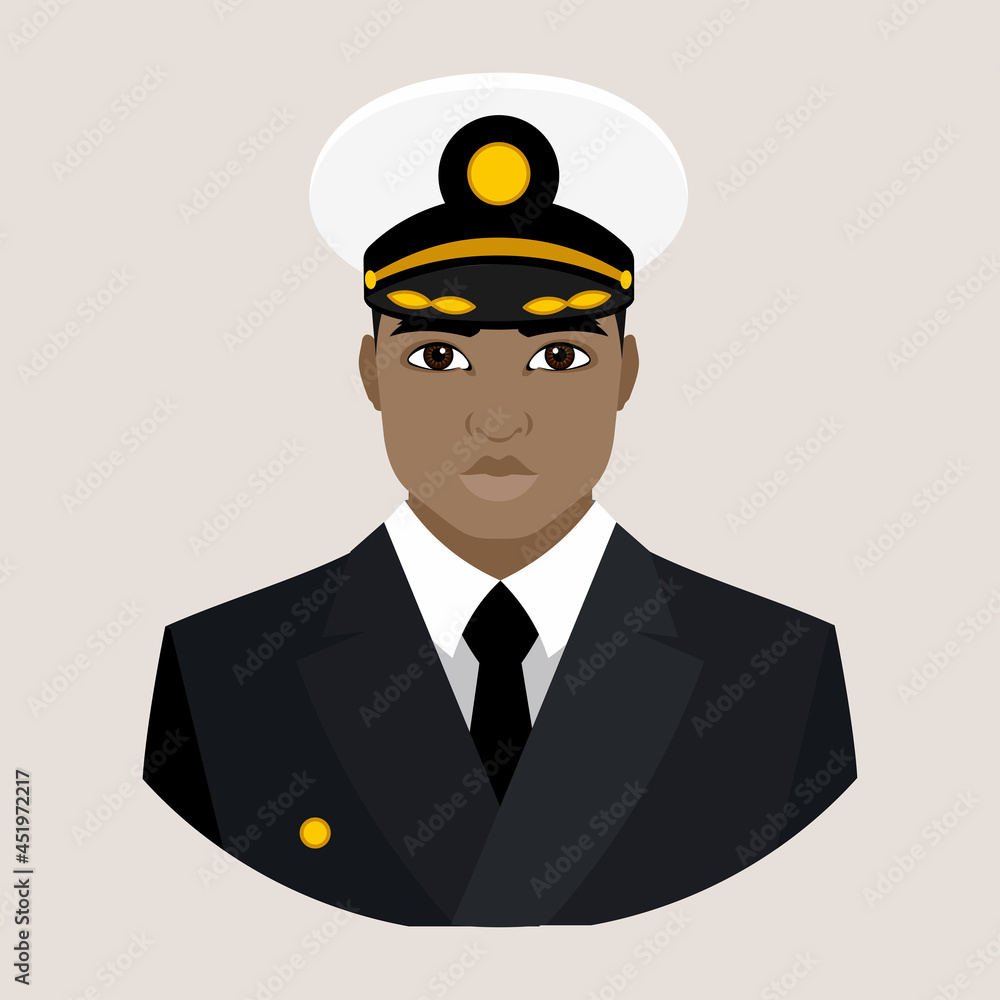 Avatar of an African American man in the form of a ship captain. US Navy. Flat vector illustration. Avatar of an African American man in the form of a ship captain. US Navy. Flat vector illustration.
