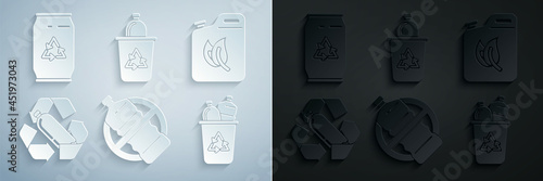 Set No plastic bottle, Bio fuel canister, Recycling, Recycle bin with recycle symbol, and Can and icon. Vector