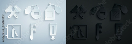 Set Hairbrush, Aftershave, Barbershop with razor, Cream lotion cosmetic tube, and Crossed shaving icon. Vector