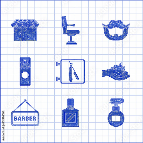 Set Barbershop with razor, Aftershave, Cream lotion cosmetic tube, Shaving gel foam hand, Mustache beard and building icon. Vector