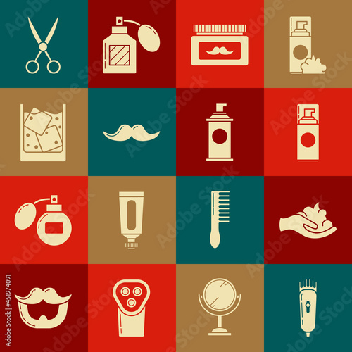 Set Electrical hair clipper or shaver, Shaving gel foam on hand, Cream lotion cosmetic jar, Mustache, Glass of whiskey ice cubes, Scissors hairdresser and icon. Vector