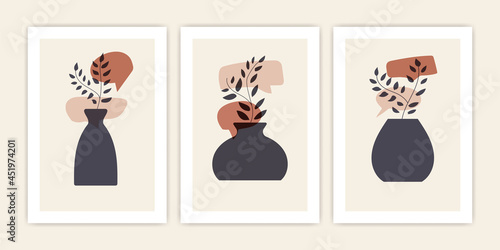 Set of abstract vase with plant with bubble chat shape. Vector cover design.