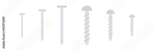 Nail and screw icon set. Build and work elements with different size. Vector isolated on white	