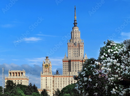 Campus buildings of famous Moscow university under dramatic cloudy sky in summer