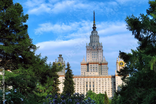 Campus buildings of famous Moscow university under dramatic cloudy sky in summer