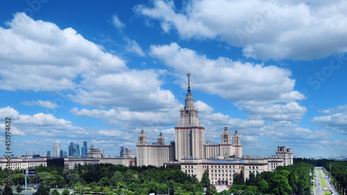 Campus buildings of famous Moscow university under dramatic cloudy sky in summer