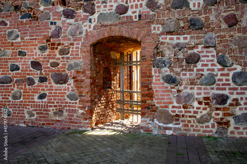 Old wooden gate in a medieval castle. 15 August 2021  Baranovichi  Belarus