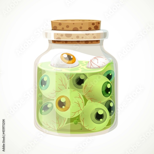 Glass jar with eyeballs isolated on a white background
