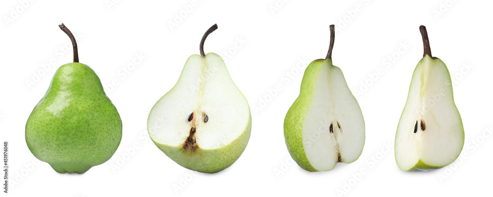 Set with tasty ripe pears on white background. Banner design Set with tasty ripe pears on white background. Banner design
