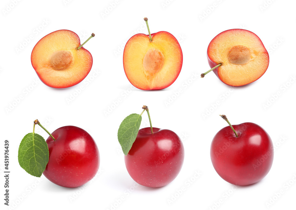 Set with delicious ripe cherry plums on white background Set with delicious ripe cherry plums on white background