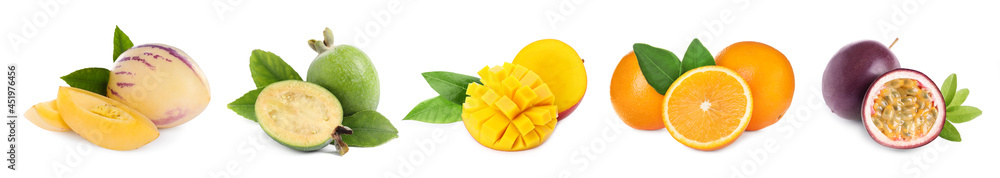 Set with different tasty exotic fruits on white background. Banner design Set with different tasty exotic fruits on white background. Banner design