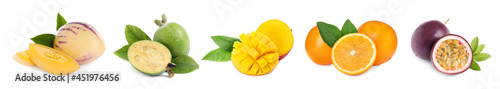 Set with different tasty exotic fruits on white background. Banner design