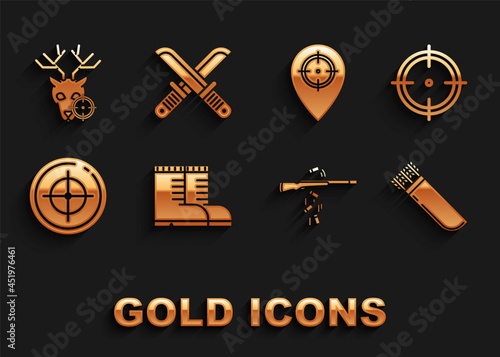 Set Hunter boots, Target sport for shooting competition, Quiver with arrows, Gun, place, deer crosshairs and Crossed hunter knife icon. Vector
