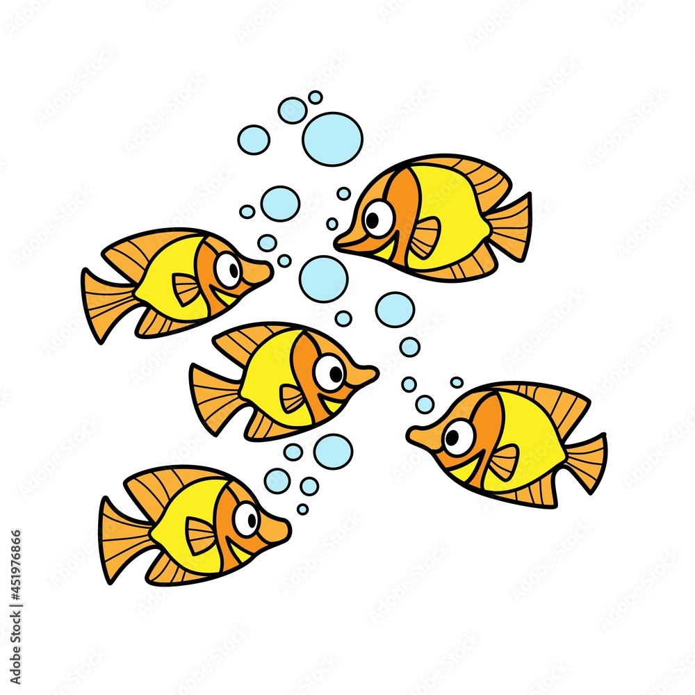 Fototapeta premium Cute cartoon fishes color variation for coloring page isolated on white background