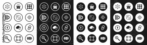 Set Blockchain technology, Cryptocurrency exchange, Server and gear, Bitcoin, CPU mining farm, Shopping basket with bitcoin, Chain link and Ethereum ETH icon. Vector