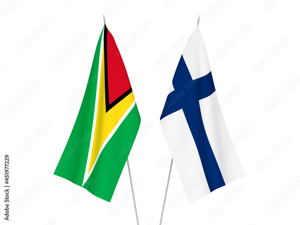 National fabric flags of Co-operative Republic of Guyana and Finland isolated on white background. 3d rendering illustration. National fabric flags of Co-operative Republic of Guyana and Finland isolated on white background. 3d rendering illustration.