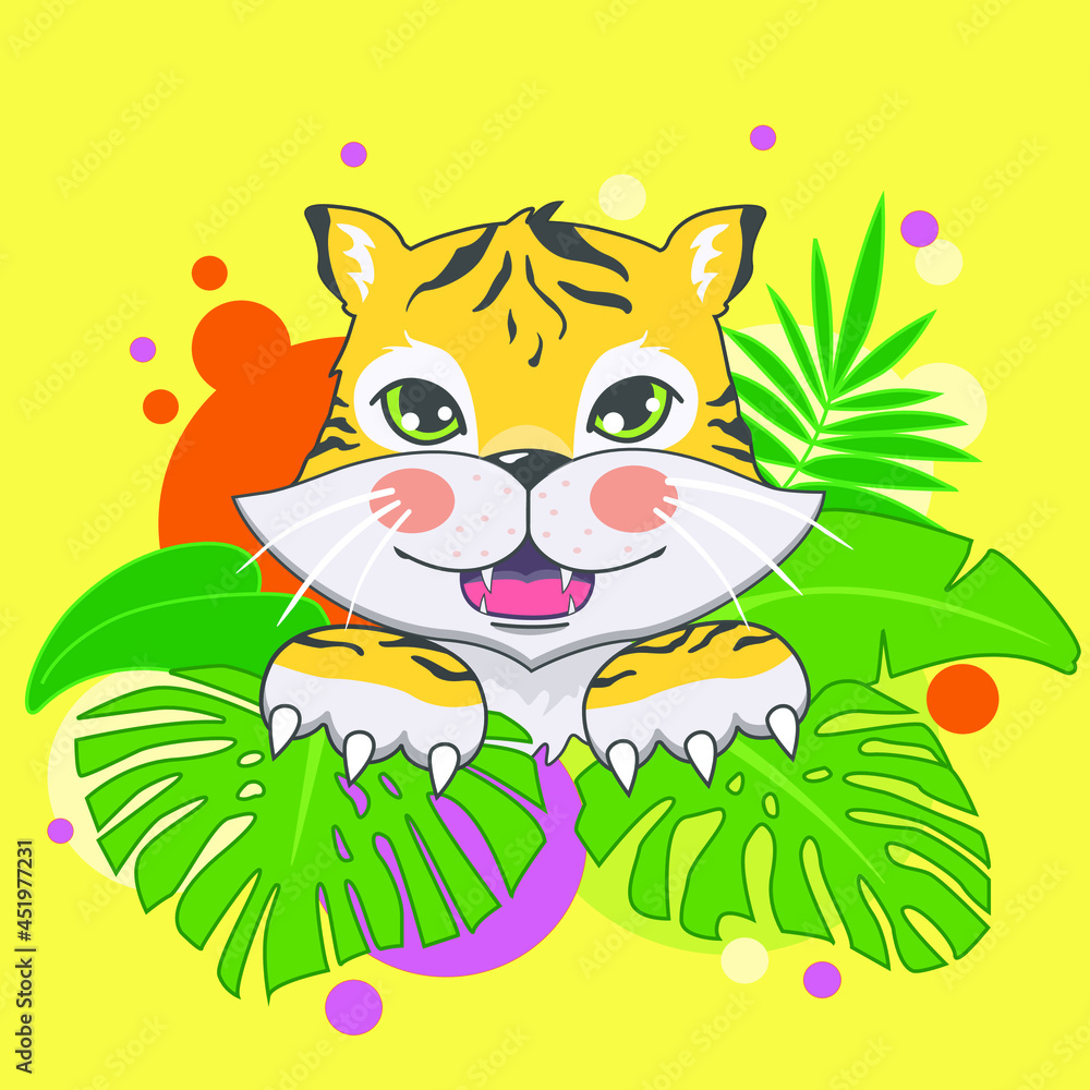 Tropical colorful cute tiger illustration