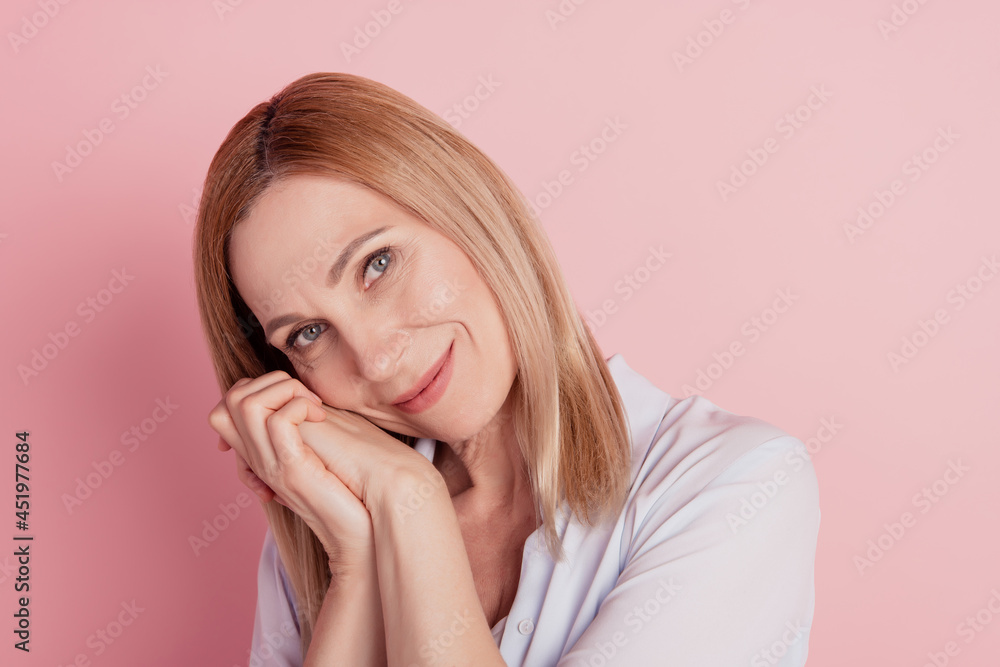 Closeup photo of young attractive pretty lovely woman lady hand touch cheek isolated pastel color background Closeup photo of young attractive pretty lovely woman lady hand touch cheek isolated pastel color background