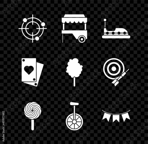 Set Target sport for shooting competition, Fast street food cart with awning, Bumper, Lollipop, Unicycle one wheel bicycle, Carnival garland flags, Playing card and Cotton candy icon. Vector