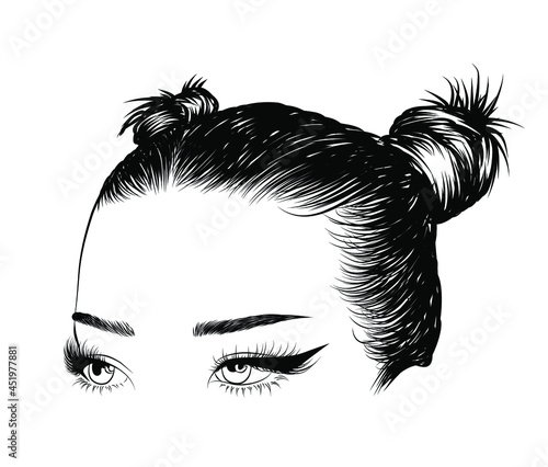 Illustration of a girl with double hair buns. Detailed eyebrows and natural eyelashes. Trendy makeup look with sharp eyeliner. Social media post, banner, illustration for business cards, salons.