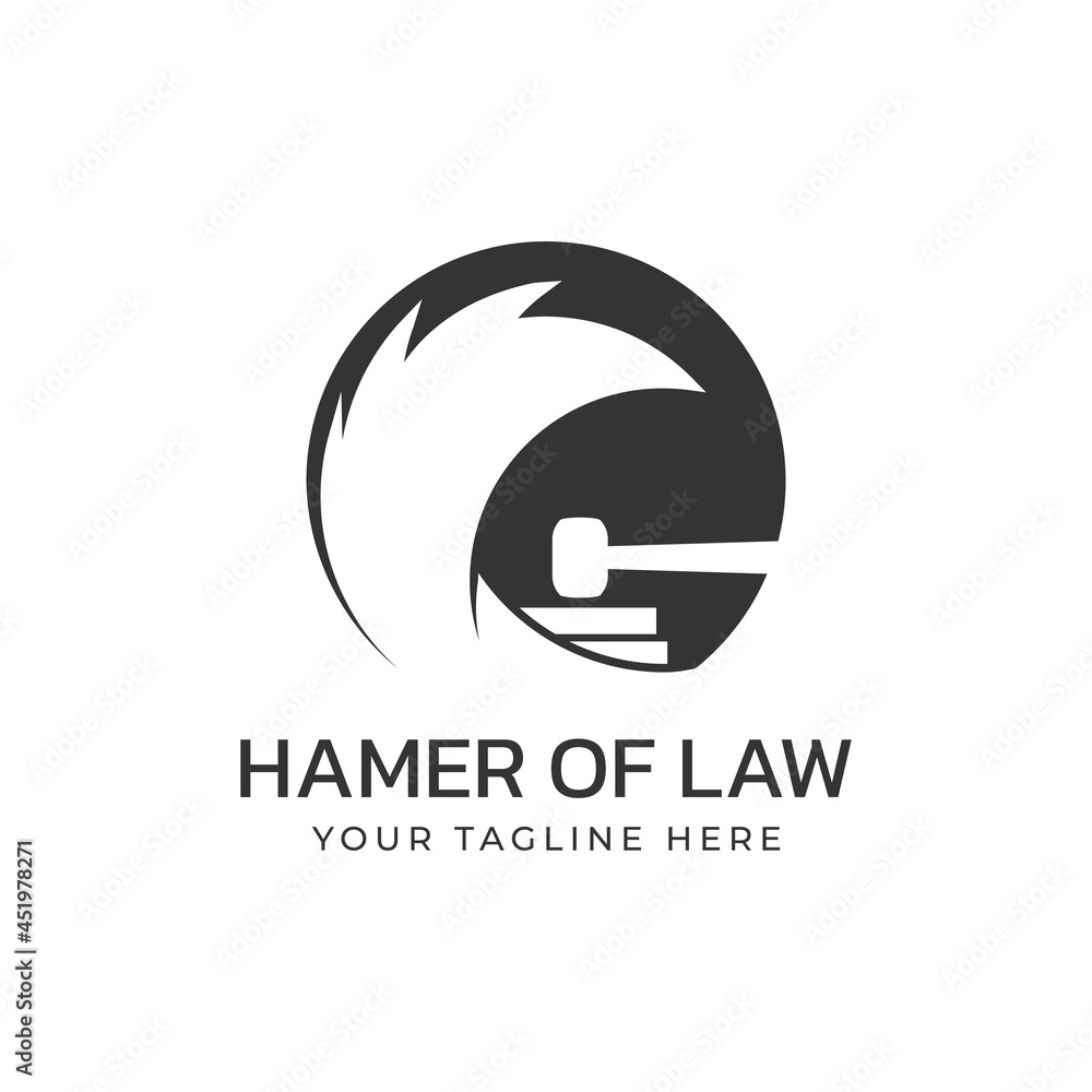 legal logo with symbol of judge's hammer, quill. good for lawyers