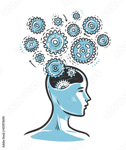 Human head with brain and gears. Idea generation business concept