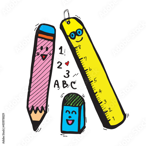 Pencil ruler rubber , stationary comic hand draw , cartoon charecter photo