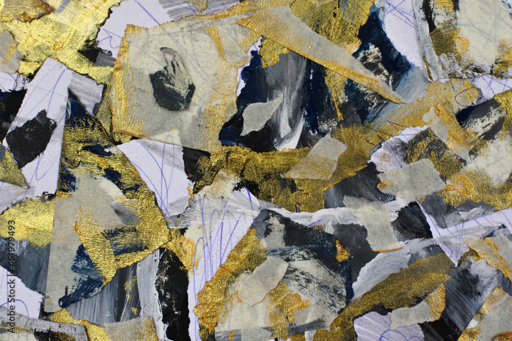 Fototapeta premium A sketch in the style of abstract expressionism. Pieces of paper ribbon in a chaotic pattern. Painting with golden and black colors.